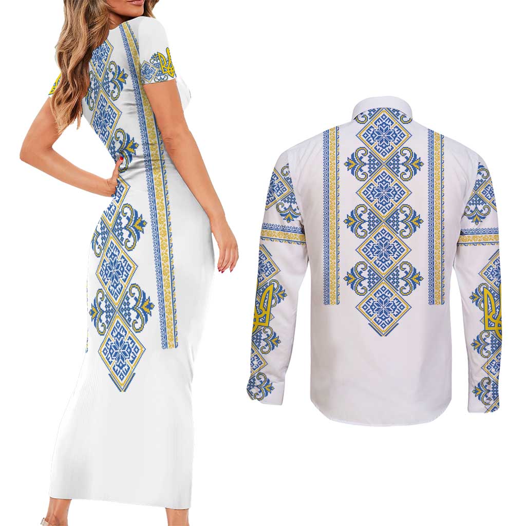 Vyshyvanka Day Couples Matching Short Sleeve Bodycon Dress and Long Sleeve Button Shirt Ukrainian Folk Traditions Pattern White Version