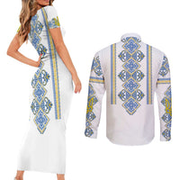 Vyshyvanka Day Couples Matching Short Sleeve Bodycon Dress and Long Sleeve Button Shirt Ukrainian Folk Traditions Pattern White Version