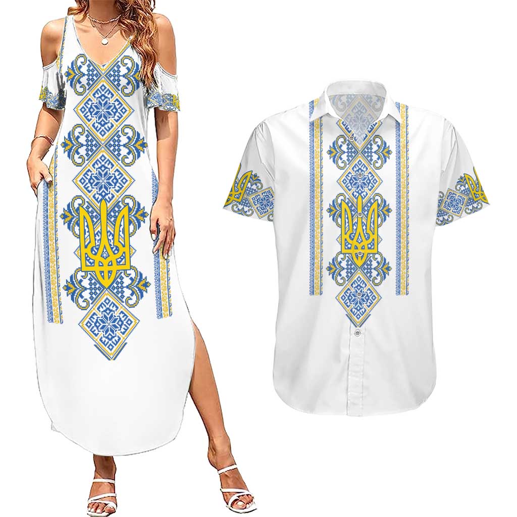 Vyshyvanka Day Couples Matching Summer Maxi Dress and Hawaiian Shirt Ukrainian Folk Traditions Pattern White Version