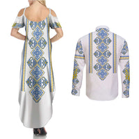 Vyshyvanka Day Couples Matching Summer Maxi Dress and Long Sleeve Button Shirt Ukrainian Folk Traditions Pattern White Version
