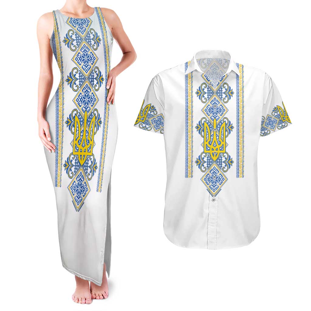 Vyshyvanka Day Couples Matching Tank Maxi Dress and Hawaiian Shirt Ukrainian Folk Traditions Pattern White Version