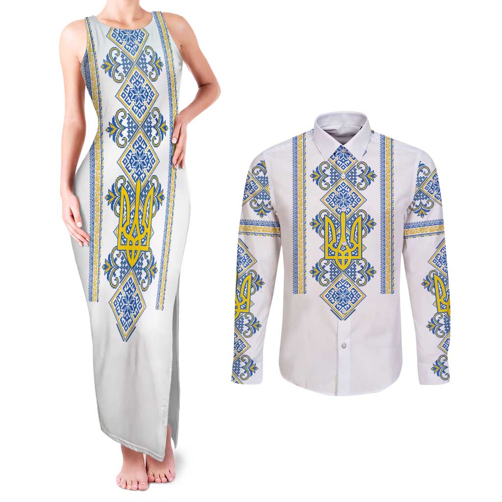 Vyshyvanka Day Couples Matching Tank Maxi Dress and Long Sleeve Button Shirt Ukrainian Folk Traditions Pattern White Version
