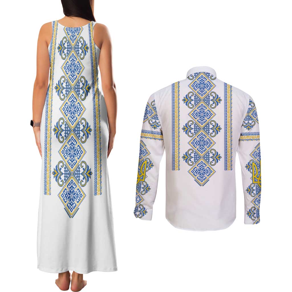 Vyshyvanka Day Couples Matching Tank Maxi Dress and Long Sleeve Button Shirt Ukrainian Folk Traditions Pattern White Version