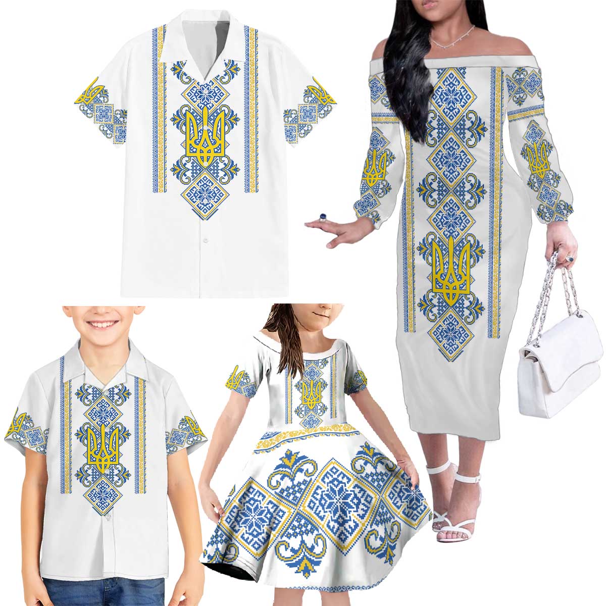 Vyshyvanka Day Family Matching Off The Shoulder Long Sleeve Dress and Hawaiian Shirt Ukrainian Folk Traditions Pattern White Version