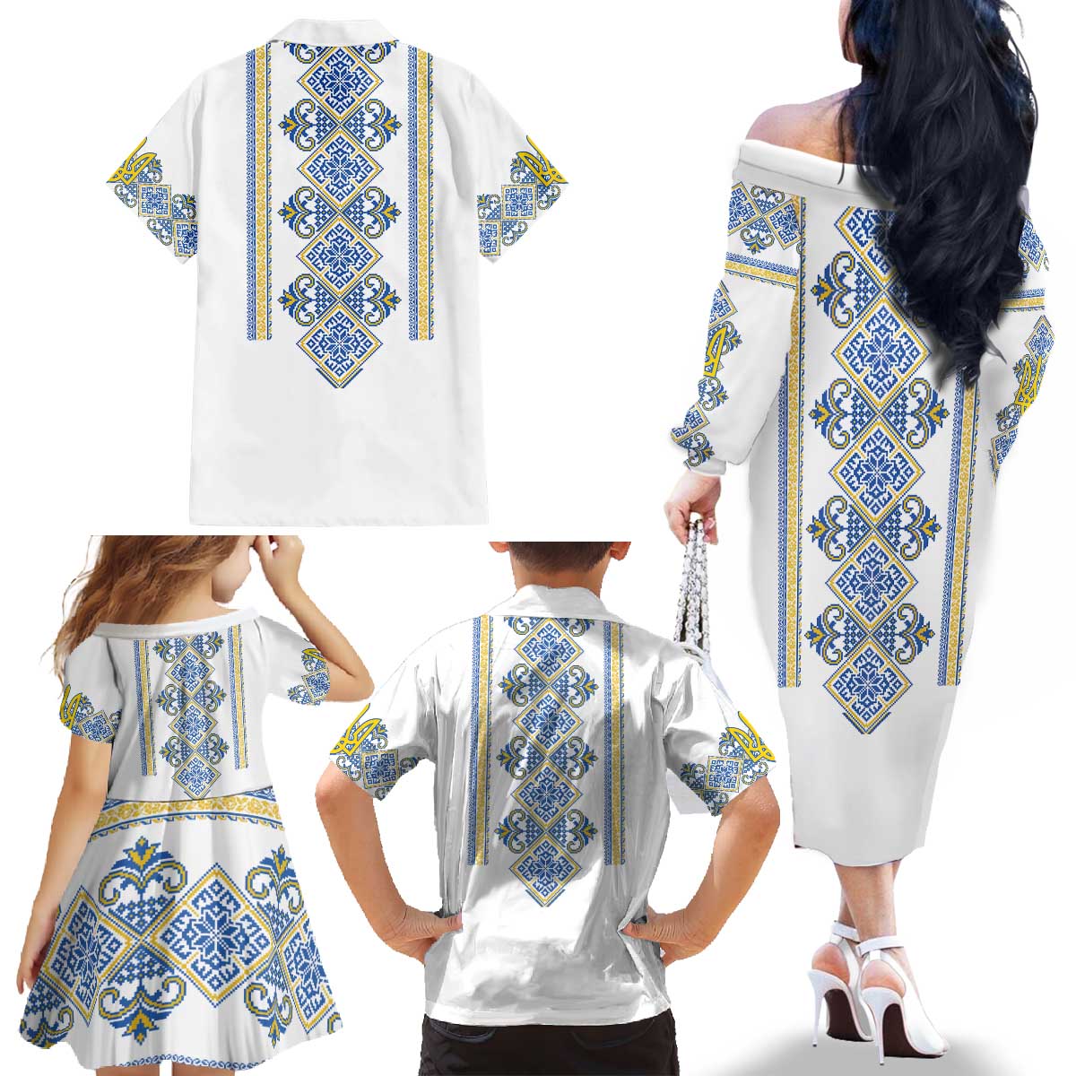 Vyshyvanka Day Family Matching Off The Shoulder Long Sleeve Dress and Hawaiian Shirt Ukrainian Folk Traditions Pattern White Version