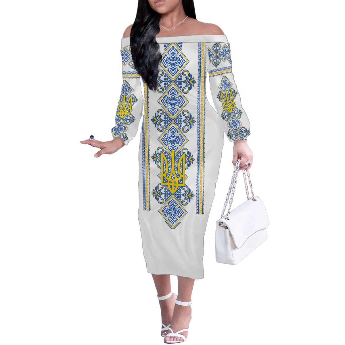 Vyshyvanka Day Family Matching Off The Shoulder Long Sleeve Dress and Hawaiian Shirt Ukrainian Folk Traditions Pattern White Version