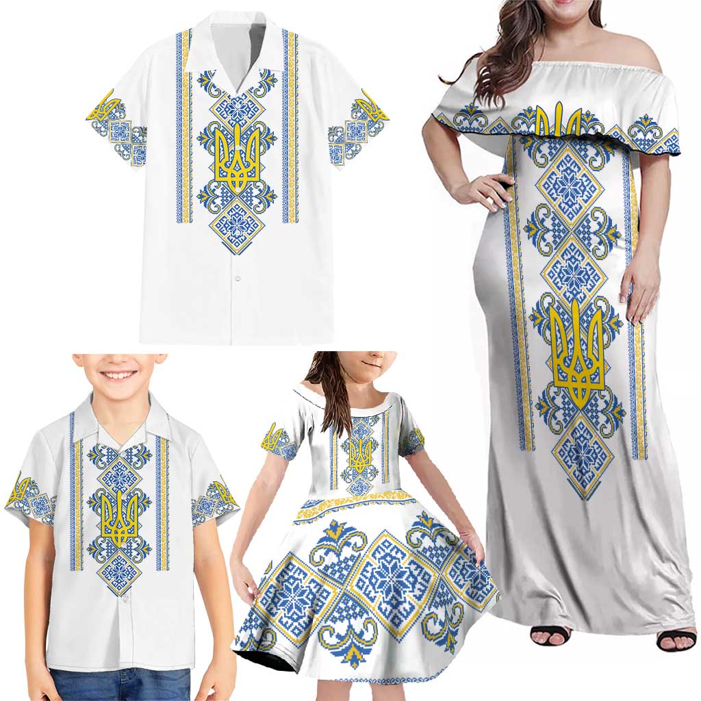 Vyshyvanka Day Family Matching Off Shoulder Maxi Dress and Hawaiian Shirt Ukrainian Folk Traditions Pattern White Version