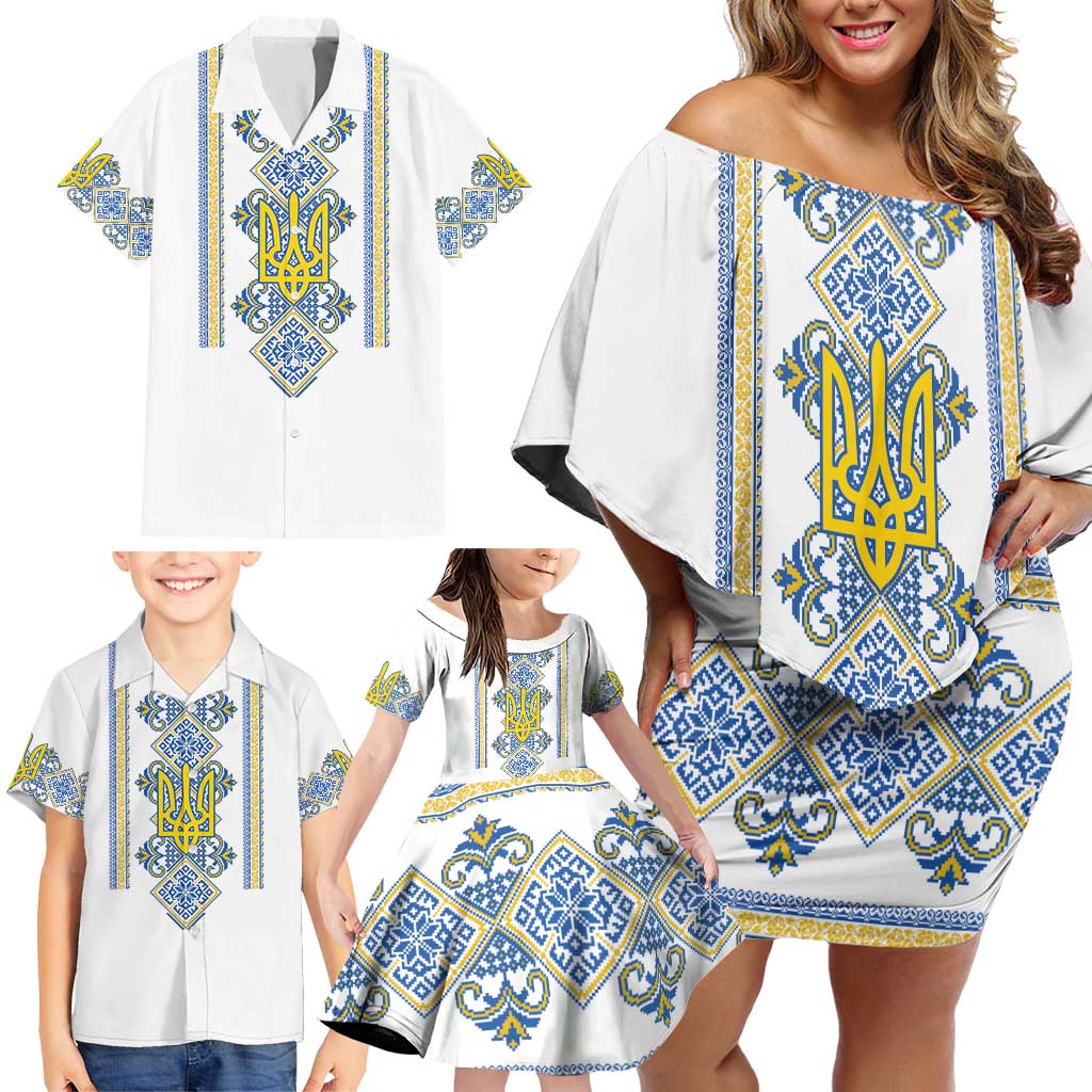 Vyshyvanka Day Family Matching Off Shoulder Short Dress and Hawaiian Shirt Ukrainian Folk Traditions Pattern White Version