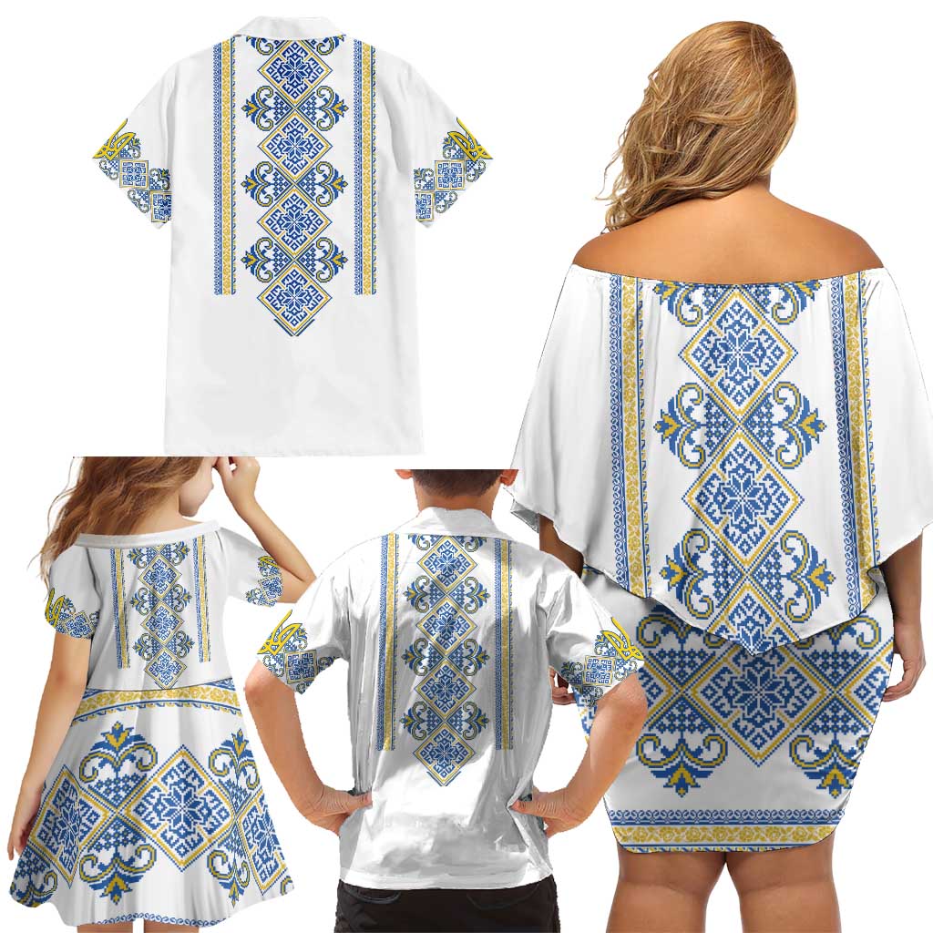 Vyshyvanka Day Family Matching Off Shoulder Short Dress and Hawaiian Shirt Ukrainian Folk Traditions Pattern White Version