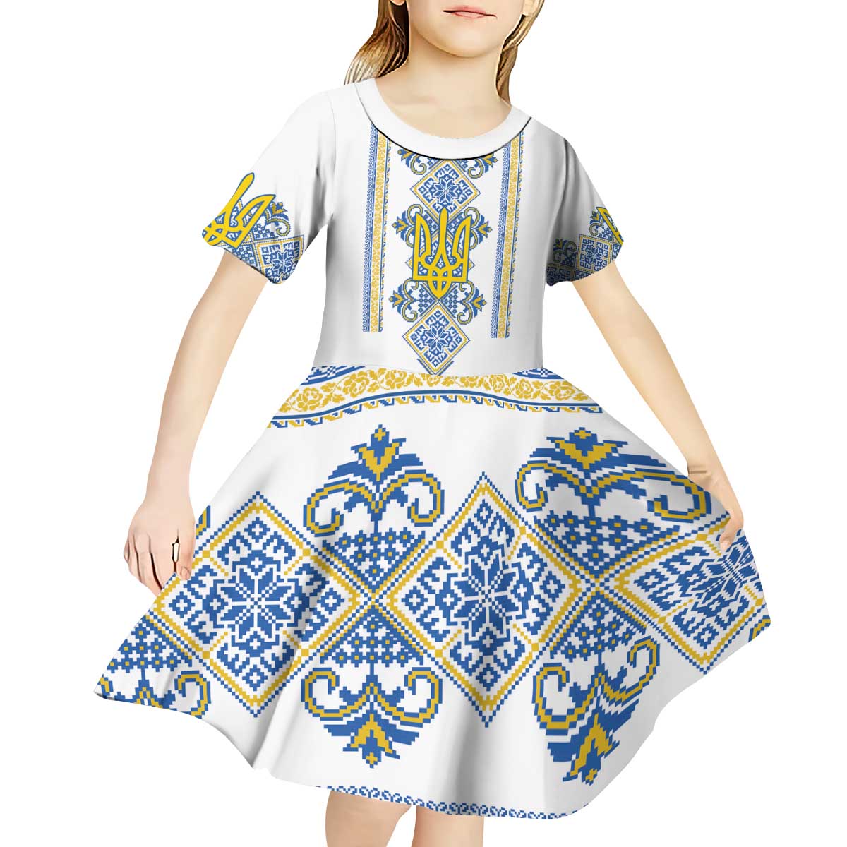 Vyshyvanka Day Kid Short Sleeve Dress Ukrainian Folk Traditions Pattern White Version