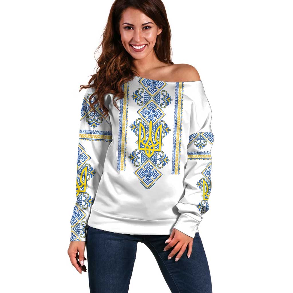 Vyshyvanka Day Off Shoulder Sweater Ukrainian Folk Traditions Pattern White Version