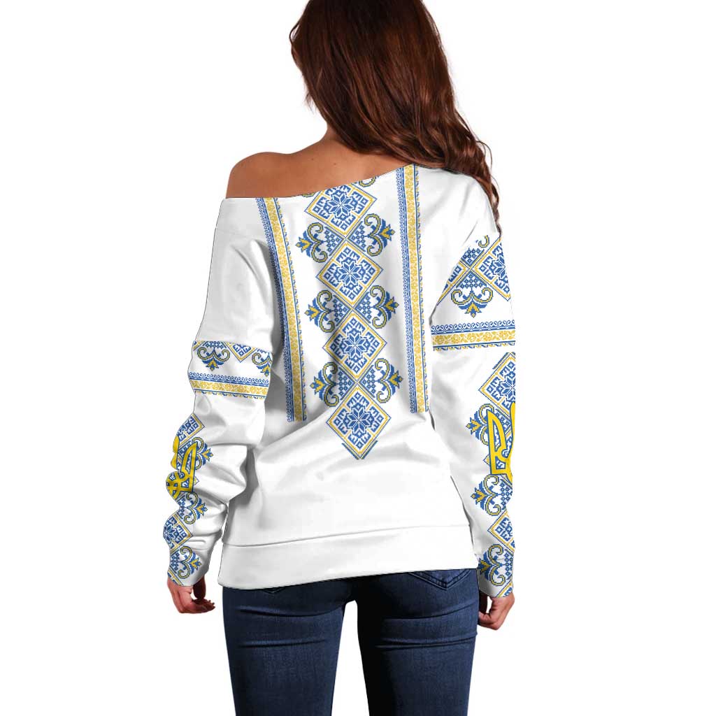 Vyshyvanka Day Off Shoulder Sweater Ukrainian Folk Traditions Pattern White Version