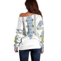 Vyshyvanka Day Off Shoulder Sweater Ukrainian Folk Traditions Pattern White Version
