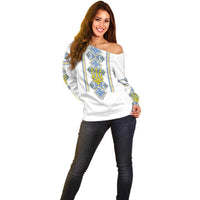 Vyshyvanka Day Off Shoulder Sweater Ukrainian Folk Traditions Pattern White Version