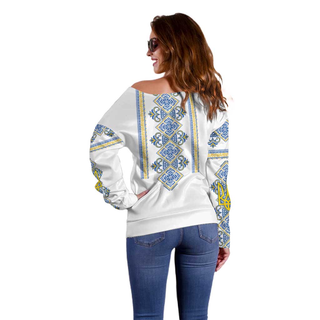 Vyshyvanka Day Off Shoulder Sweater Ukrainian Folk Traditions Pattern White Version