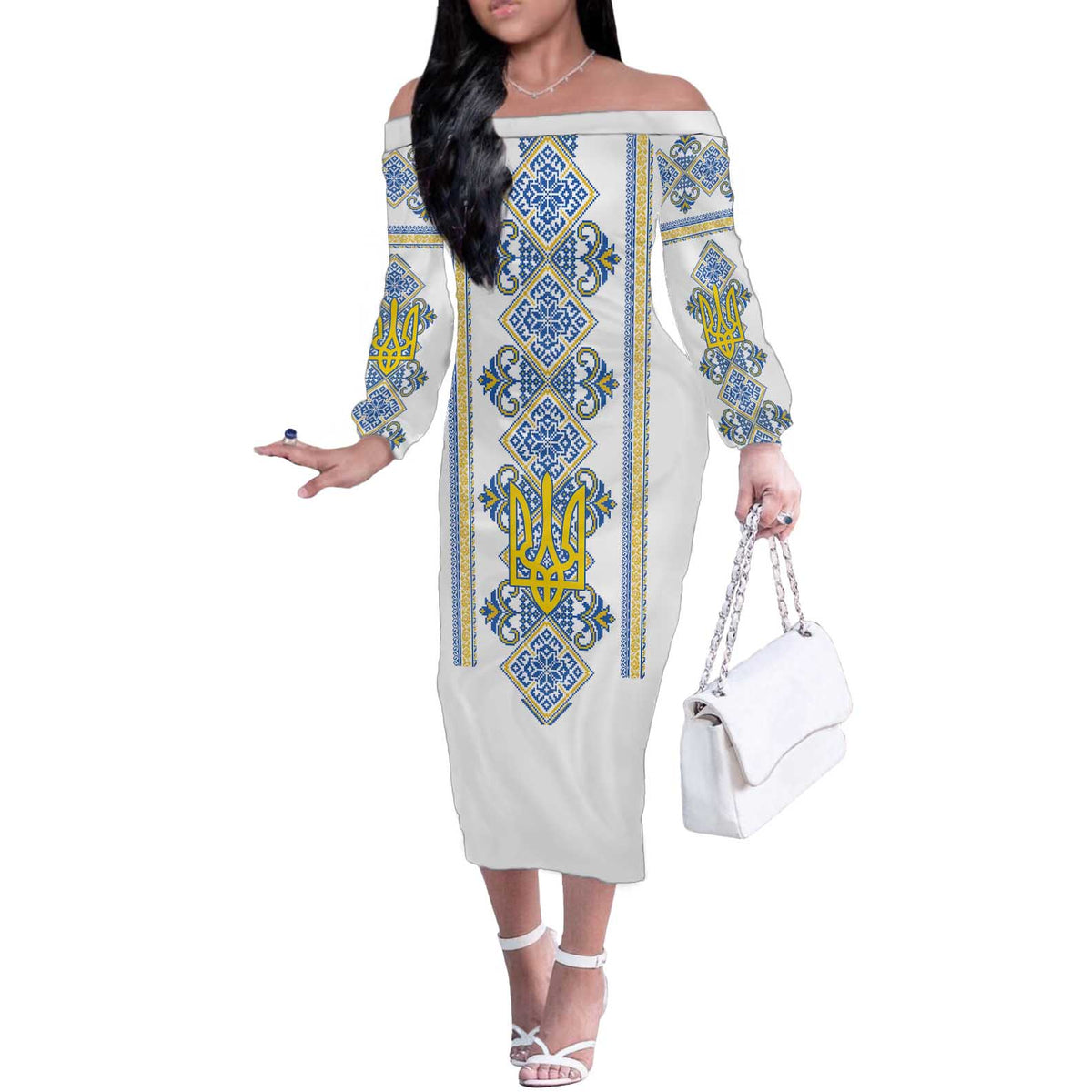 Vyshyvanka Day Off The Shoulder Long Sleeve Dress Ukrainian Folk Traditions Pattern White Version