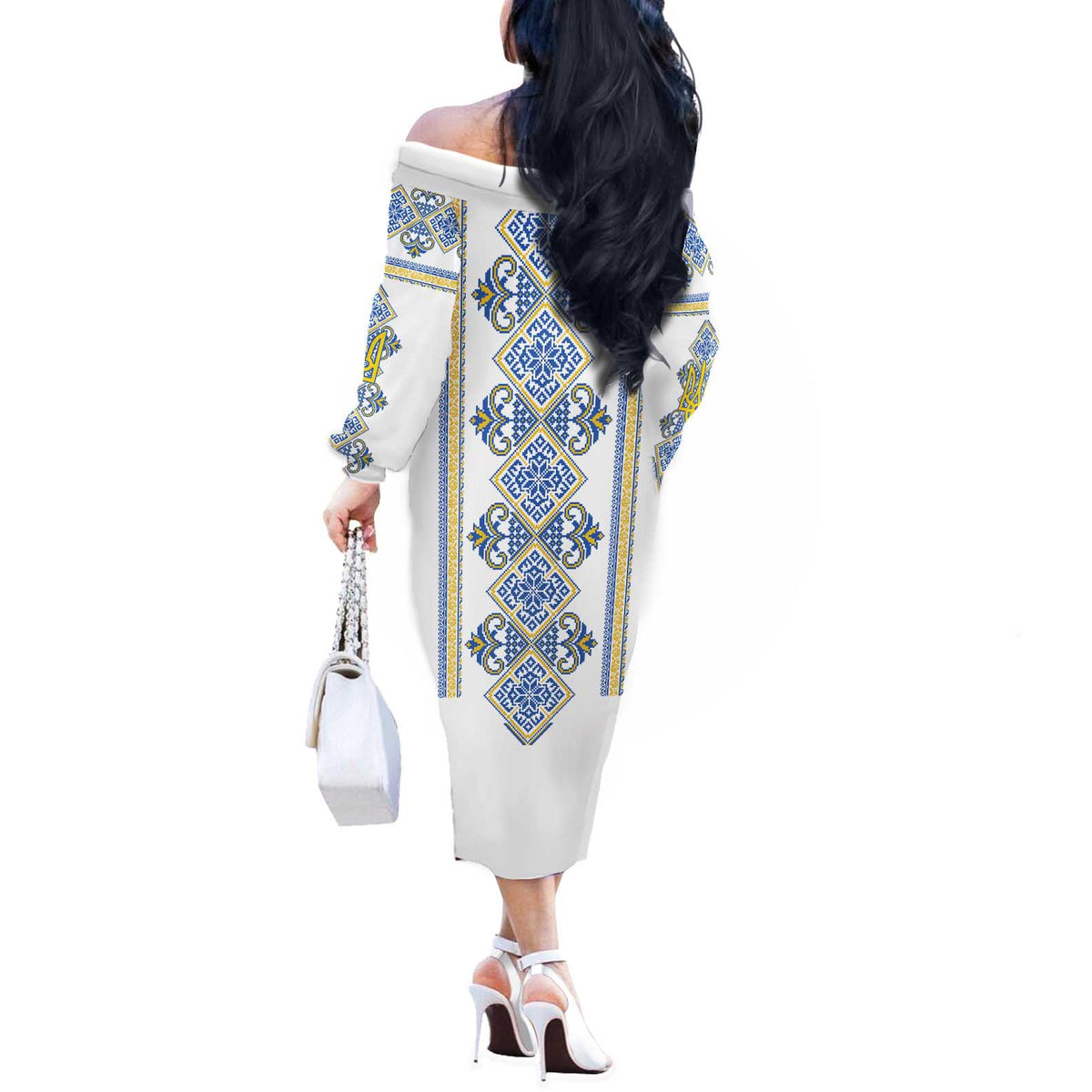 Vyshyvanka Day Off The Shoulder Long Sleeve Dress Ukrainian Folk Traditions Pattern White Version