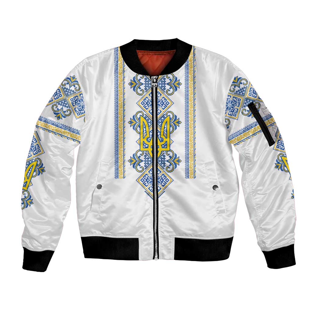 Vyshyvanka Day Sleeve Zip Bomber Jacket Ukrainian Folk Traditions Pattern White Version