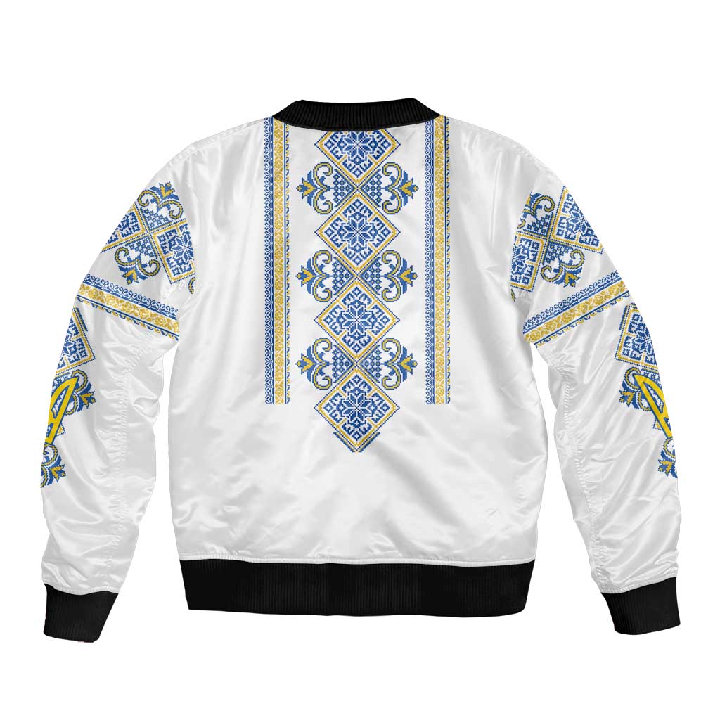 Vyshyvanka Day Sleeve Zip Bomber Jacket Ukrainian Folk Traditions Pattern White Version