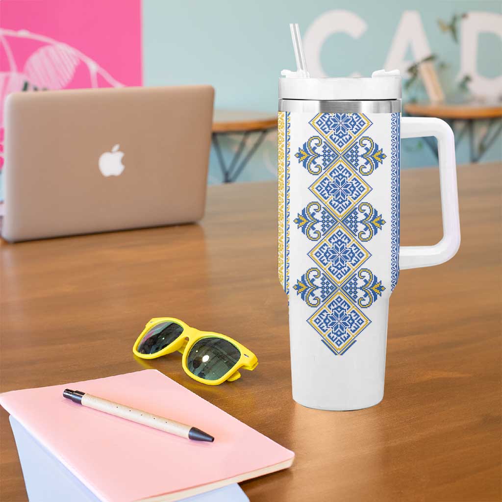 Vyshyvanka Day Tumbler With Handle Ukrainian Folk Traditions Pattern White Version