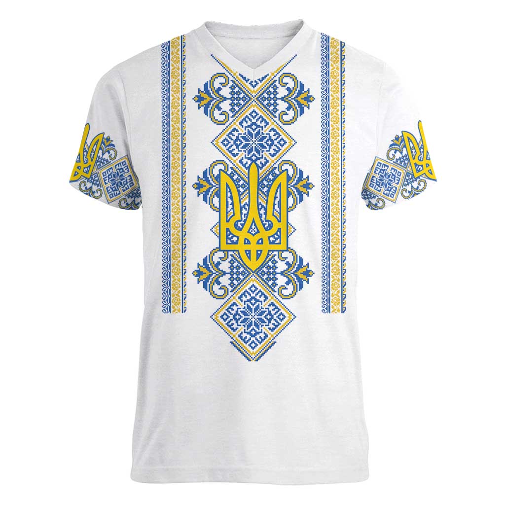 Vyshyvanka Day Women V-Neck T-Shirt Ukrainian Folk Traditions Pattern White Version