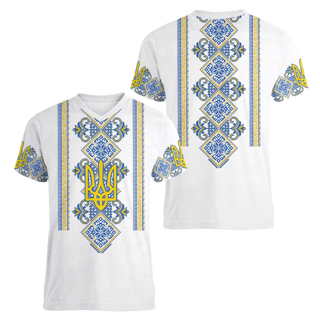 Vyshyvanka Day Women V-Neck T-Shirt Ukrainian Folk Traditions Pattern White Version