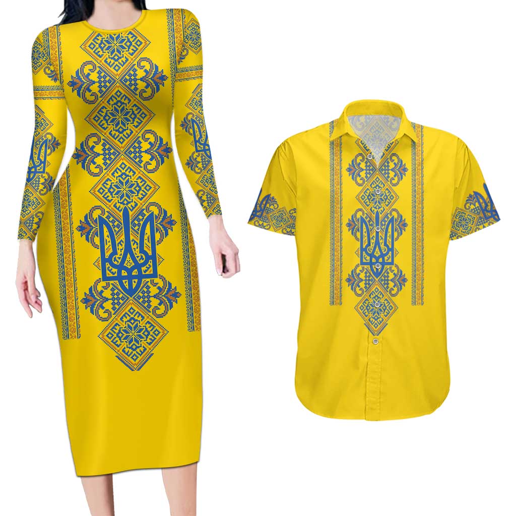 Vyshyvanka Day Couples Matching Long Sleeve Bodycon Dress and Hawaiian Shirt Ukrainian Folk Traditions Pattern Yellow Version