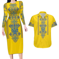 Vyshyvanka Day Couples Matching Long Sleeve Bodycon Dress and Hawaiian Shirt Ukrainian Folk Traditions Pattern Yellow Version