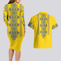 Vyshyvanka Day Couples Matching Long Sleeve Bodycon Dress and Hawaiian Shirt Ukrainian Folk Traditions Pattern Yellow Version