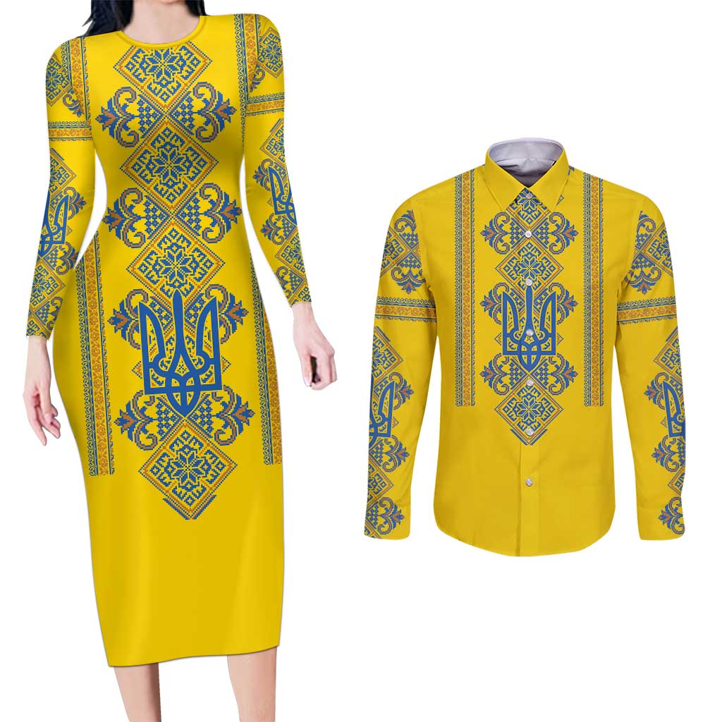 Vyshyvanka Day Couples Matching Long Sleeve Bodycon Dress and Long Sleeve Button Shirt Ukrainian Folk Traditions Pattern Yellow Version