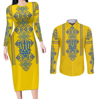 Vyshyvanka Day Couples Matching Long Sleeve Bodycon Dress and Long Sleeve Button Shirt Ukrainian Folk Traditions Pattern Yellow Version