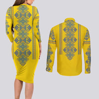 Vyshyvanka Day Couples Matching Long Sleeve Bodycon Dress and Long Sleeve Button Shirt Ukrainian Folk Traditions Pattern Yellow Version