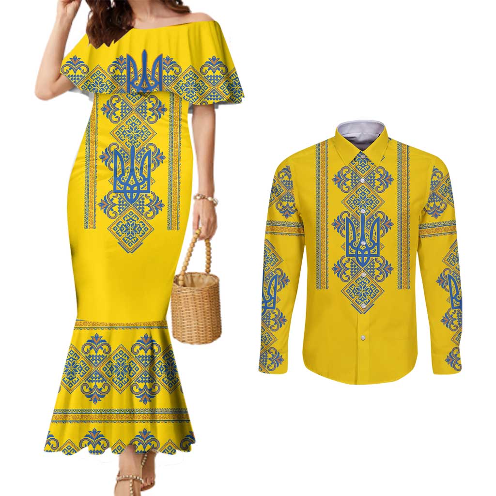 Vyshyvanka Day Couples Matching Mermaid Dress and Long Sleeve Button Shirt Ukrainian Folk Traditions Pattern Yellow Version