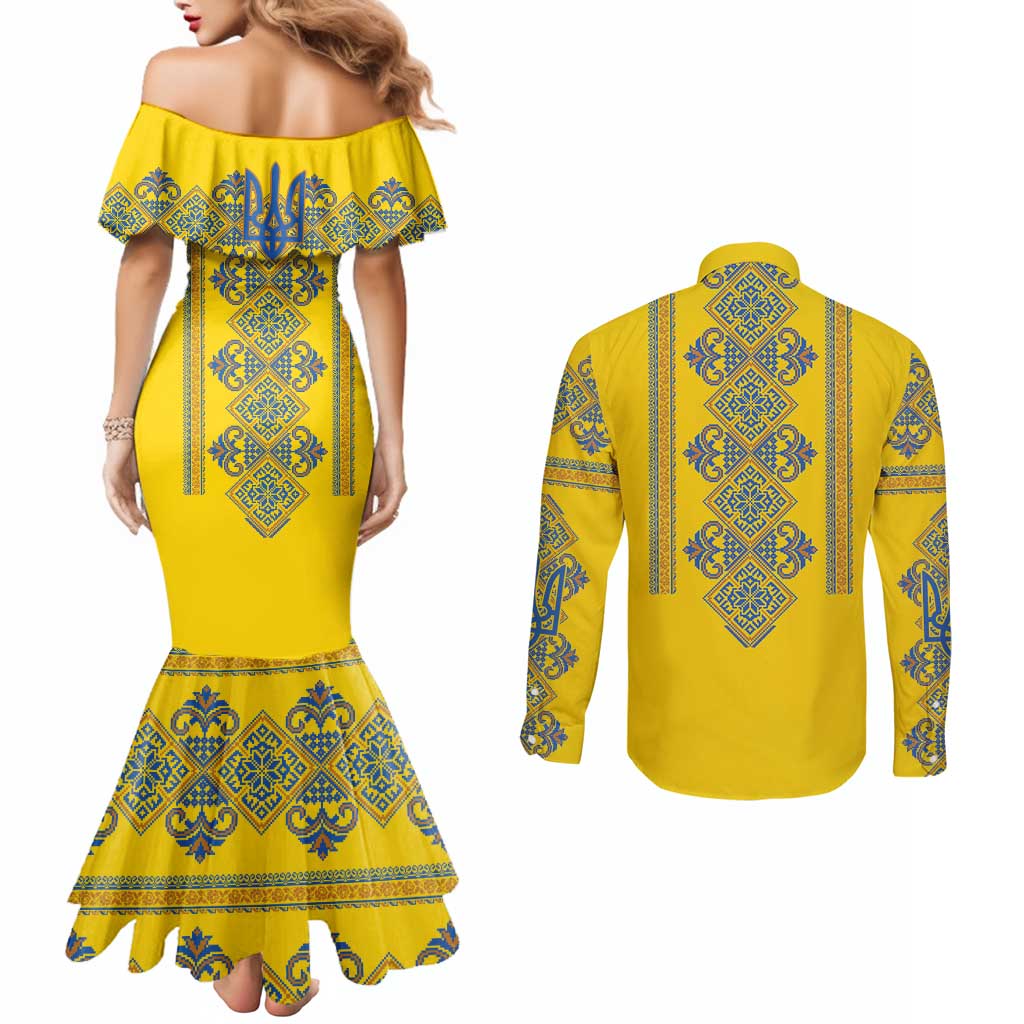 Vyshyvanka Day Couples Matching Mermaid Dress and Long Sleeve Button Shirt Ukrainian Folk Traditions Pattern Yellow Version