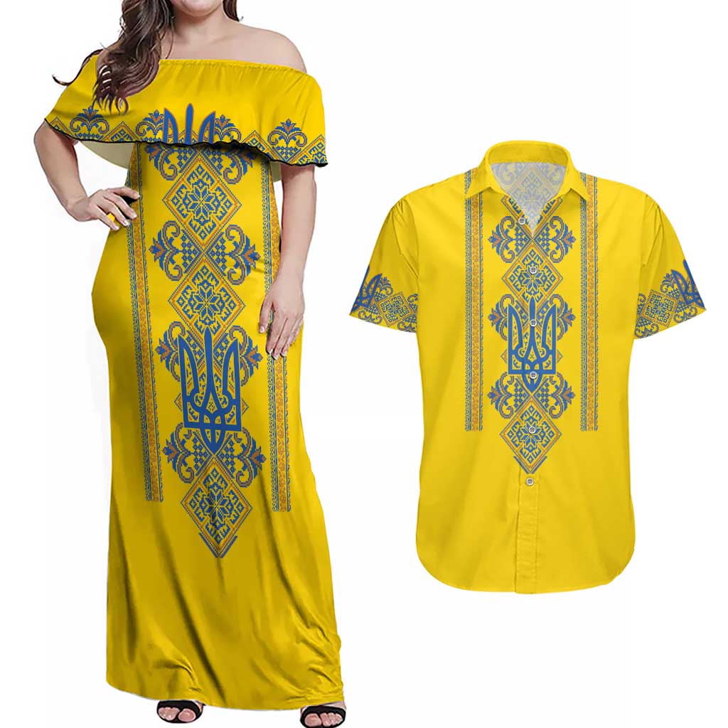 Vyshyvanka Day Couples Matching Off Shoulder Maxi Dress and Hawaiian Shirt Ukrainian Folk Traditions Pattern Yellow Version