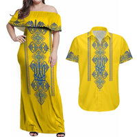 Vyshyvanka Day Couples Matching Off Shoulder Maxi Dress and Hawaiian Shirt Ukrainian Folk Traditions Pattern Yellow Version