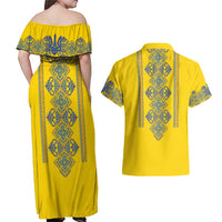 Vyshyvanka Day Couples Matching Off Shoulder Maxi Dress and Hawaiian Shirt Ukrainian Folk Traditions Pattern Yellow Version