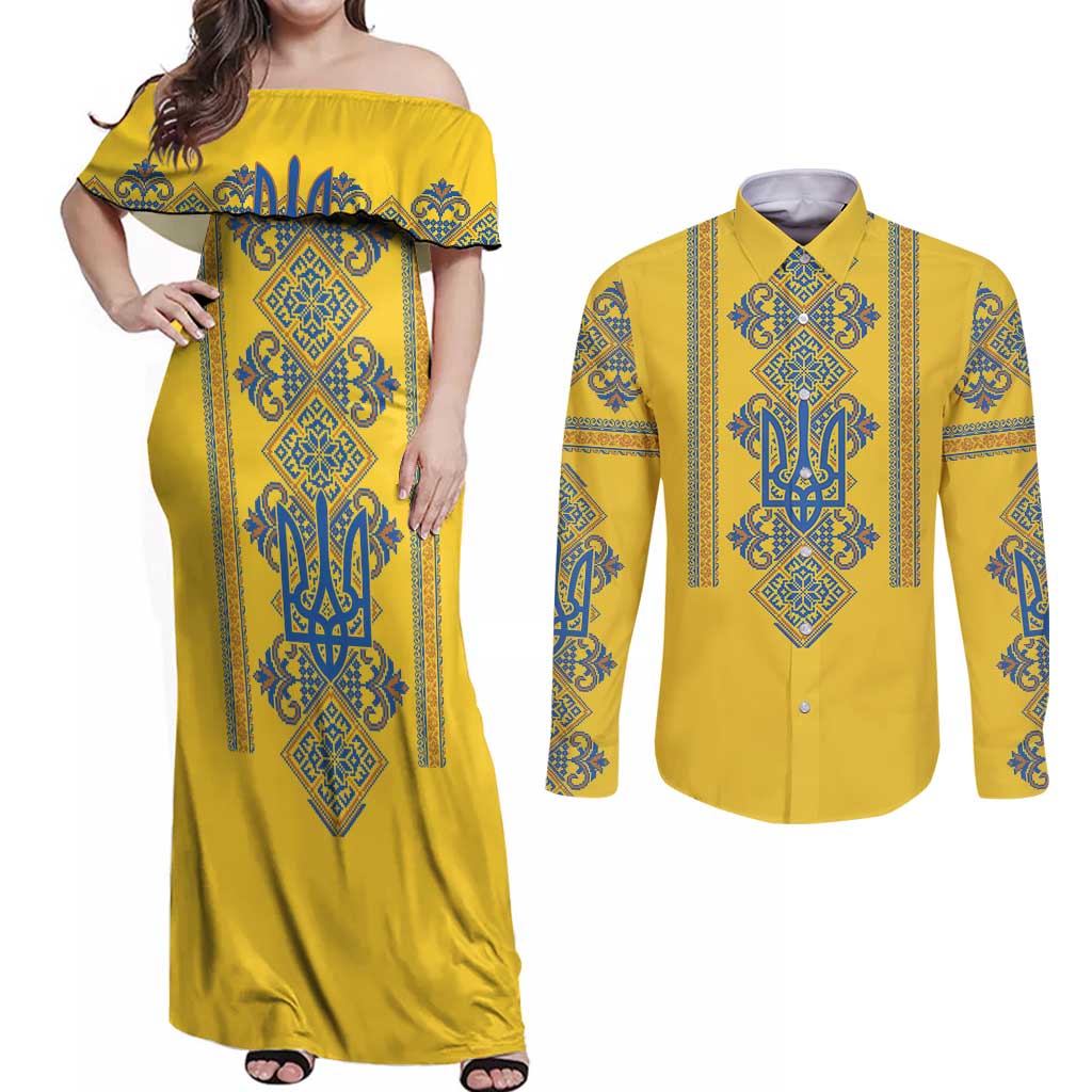 Vyshyvanka Day Couples Matching Off Shoulder Maxi Dress and Long Sleeve Button Shirt Ukrainian Folk Traditions Pattern Yellow Version