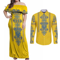 Vyshyvanka Day Couples Matching Off Shoulder Maxi Dress and Long Sleeve Button Shirt Ukrainian Folk Traditions Pattern Yellow Version