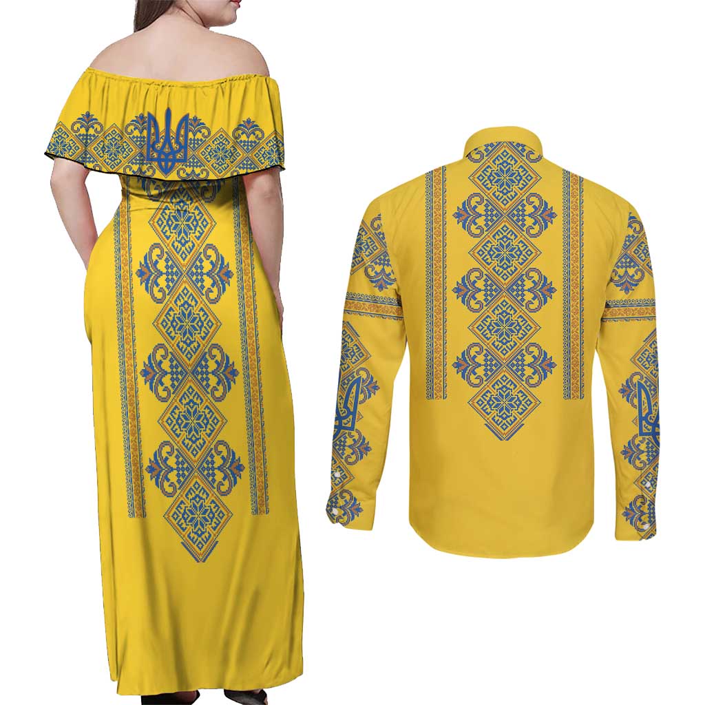Vyshyvanka Day Couples Matching Off Shoulder Maxi Dress and Long Sleeve Button Shirt Ukrainian Folk Traditions Pattern Yellow Version