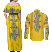 Vyshyvanka Day Couples Matching Off Shoulder Maxi Dress and Long Sleeve Button Shirt Ukrainian Folk Traditions Pattern Yellow Version