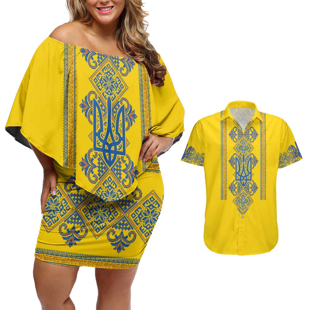 Vyshyvanka Day Couples Matching Off Shoulder Short Dress and Hawaiian Shirt Ukrainian Folk Traditions Pattern Yellow Version
