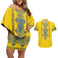 Vyshyvanka Day Couples Matching Off Shoulder Short Dress and Hawaiian Shirt Ukrainian Folk Traditions Pattern Yellow Version