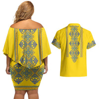 Vyshyvanka Day Couples Matching Off Shoulder Short Dress and Hawaiian Shirt Ukrainian Folk Traditions Pattern Yellow Version