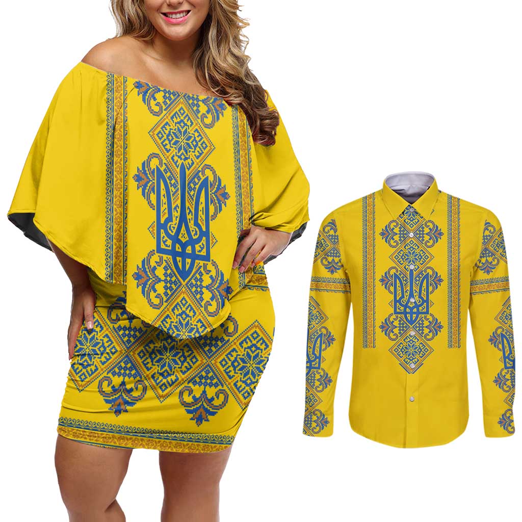 Vyshyvanka Day Couples Matching Off Shoulder Short Dress and Long Sleeve Button Shirt Ukrainian Folk Traditions Pattern Yellow Version