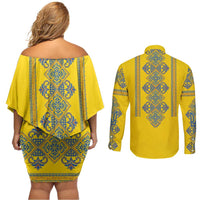 Vyshyvanka Day Couples Matching Off Shoulder Short Dress and Long Sleeve Button Shirt Ukrainian Folk Traditions Pattern Yellow Version