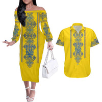 Vyshyvanka Day Couples Matching Off The Shoulder Long Sleeve Dress and Hawaiian Shirt Ukrainian Folk Traditions Pattern Yellow Version