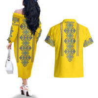 Vyshyvanka Day Couples Matching Off The Shoulder Long Sleeve Dress and Hawaiian Shirt Ukrainian Folk Traditions Pattern Yellow Version