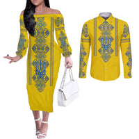 Vyshyvanka Day Couples Matching Off The Shoulder Long Sleeve Dress and Long Sleeve Button Shirt Ukrainian Folk Traditions Pattern Yellow Version