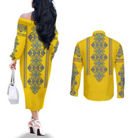 Vyshyvanka Day Couples Matching Off The Shoulder Long Sleeve Dress and Long Sleeve Button Shirt Ukrainian Folk Traditions Pattern Yellow Version